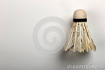Set shuttlecock on grey, feather volant for badminton game, close-up. Copyspace, textspace. Stock Photo