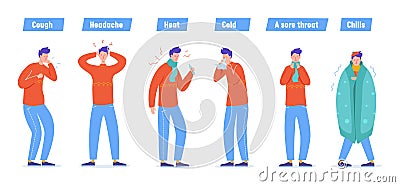 Set of Sick People Characters. Man Patient with Flu, Influenza Symptoms, Virus Disease, Illness Concept. Cold Treatment Vector Illustration