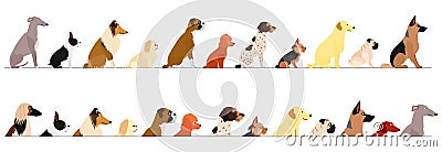Set of side view small and large dogs border Vector Illustration