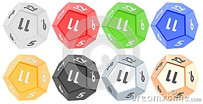 Set of 12 sided die, dodecahedron dice, various colors. 3D rendering Stock Photo