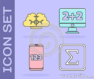 Set Sigma symbol, Human brain, Mobile calculator interface and Equation solution icon. Vector Vector Illustration