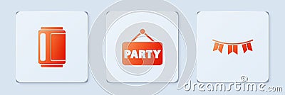 Set Signboard party, Beer can and Carnival garland with flags. White square button. Vector Vector Illustration