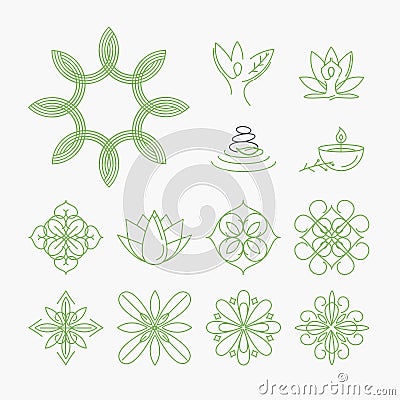 Set of signs and elements for spa, yoga and wellness, beauty and fashion, cosmetics and natural products Vector Illustration