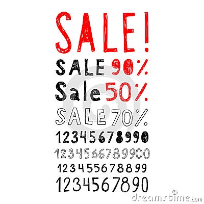 Set of signs and labels Sale and set of numbers. Vector Illustration