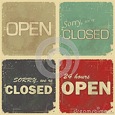 Set of signs: open - closed - 24 hours Vector Illustration