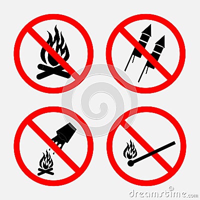 Set of signs prohibiting fire, prohibited fireworks, Vector Illustration