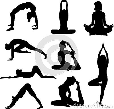 Set of silhouets of different positions in yoga Vector Illustration