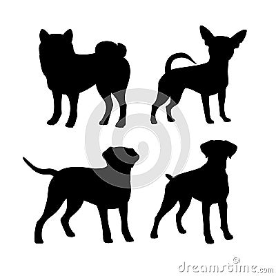 Set of silhouette of breed dog. Isolated black silhouette of boxer, labrador, chihuahua, shiba inu on white background Vector Illustration