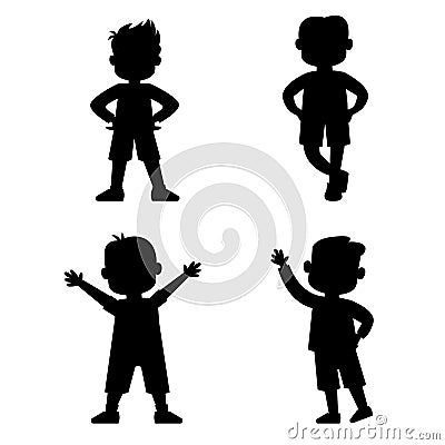 Set of silhouette children boys standing in different poses Vector Illustration