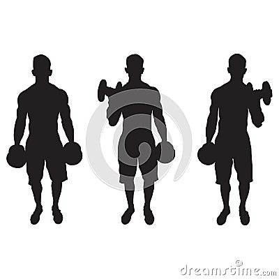 A set of silhouette depicting man doing alternating bicep curls arm exercise isolated on a white background. EPS Vector Vector Illustration