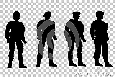 Set of Silhouette of Four Soldier, Low Angle Perspective, at Transparent Effect Background Vector Illustration