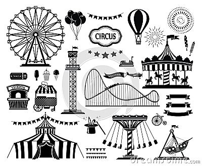 Set of silhouette icons of circus, amusement park. Carnival parks carousel attraction, fun rollercoaster and ferris wheel Stock Photo