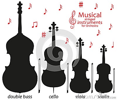 Set of silhouette icons. Musical stringed instruments for orchestra. Vector illustration Vector Illustration