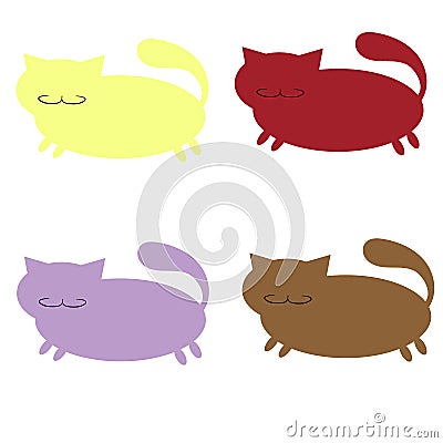 A set of silhouette icons of thick, multi-colored cats with a mustache, on a white background. Cartoon Illustration