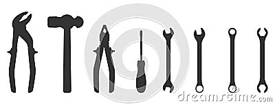 Set of silhouette icons of tools. Wrench, screwdriver, pliers, hammer. Workshop, mechanic, repair service logo template. Vector. Vector Illustration