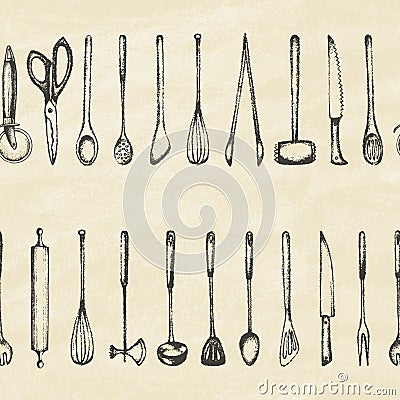 Set of silhouette kitchen tools on paper. Vector Illustration