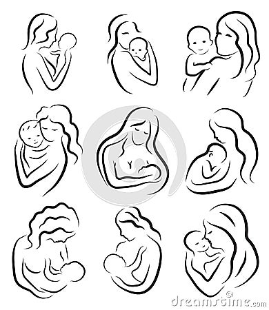 Set silhouette sketch mother and child, mother holding a baby. Vector Illustration