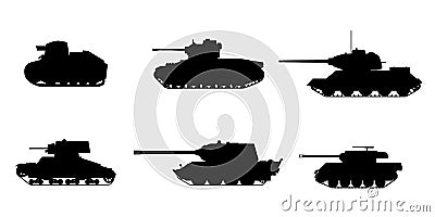 Set Silhouette Tank American German Britain Soviet French World War 2 icons. Military army machine war, weapon, battle Vector Illustration