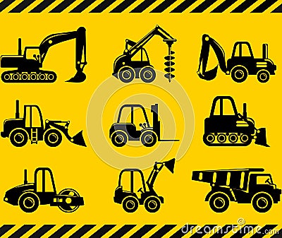 Set of silhouette toys heavy construction machines in a flat style. Vector Illustration