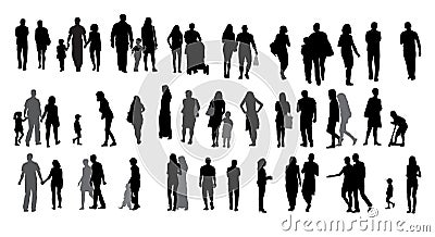 Set of Silhouette Walking People and Children. Vector Illustration