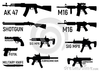 Set of silhouette weapon military rifle, revolver and pistol, shotgun carbine, knife and submachine gun black simple icon vector Vector Illustration