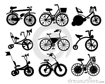 set of silhouettes of bicycles. Set Of Different Types Of Kids Bicycles Cartoon Illustration