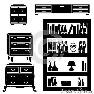Set silhouettes of cupboard, chests and bookshelf Vector Illustration