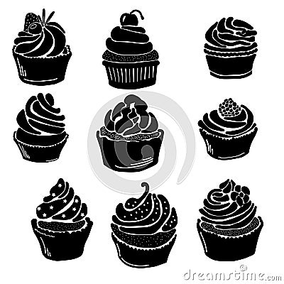 Set of silhouettes of cupcakes with various cream decoration, fruits and dusting, logos for sweet pastry or bakery Vector Illustration