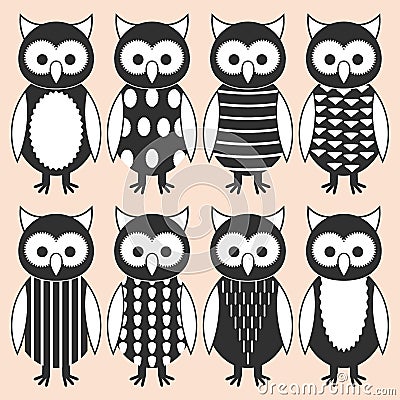 Set of silhouettes cute owl with different patterns on body on pink background in vanilla style. Cartoon nestlings owls. Vector Illustration