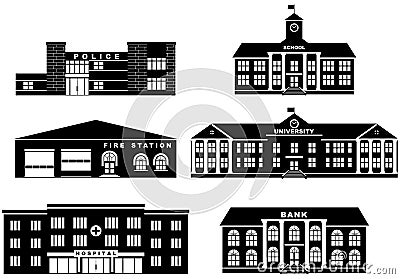 Set of silhouettes different buildings on white background in flat style. Fire station, police department Vector Illustration