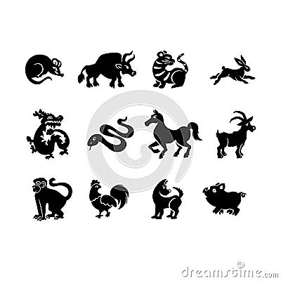 Set of silhouettes of eastern horoscope symbols in a circle, vector illustration Vector Illustration