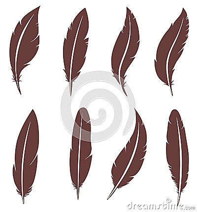 Set of silhouettes of eight feathers. Feathers of birds Vector Illustration