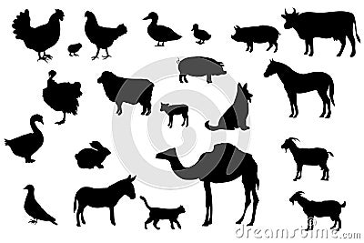 Set of Silhouettes of Farm and Domestic Animals, art vector design. Isolated Stock Photo