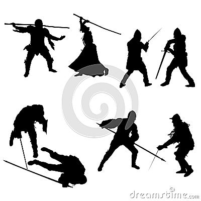 Set of silhouettes of fighters, swordsmen, lancers, men and women in armor with a sword, spear and staff, isolated on white backgr Vector Illustration