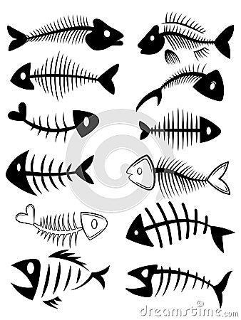 Set of silhouettes of fish skeletons. Collection of fish bones. Black and white vector illustration. Tattoo. Vector Illustration
