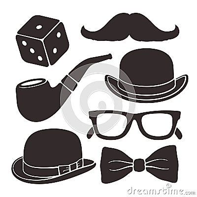 Set of silhouettes gentlemen`s vintage accessories Vector Illustration