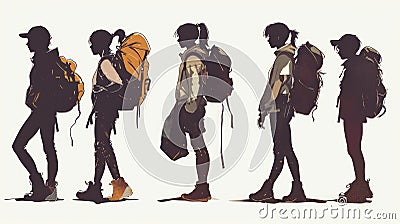 Set of silhouettes of girls with backpacks. illustration. Generative AI Cartoon Illustration