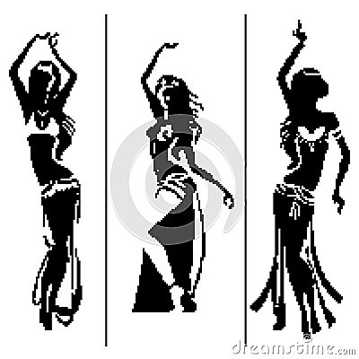 Set of silhouettes of girls in dancing poses painted with squares, pixels. Vector illustration Stock Photo