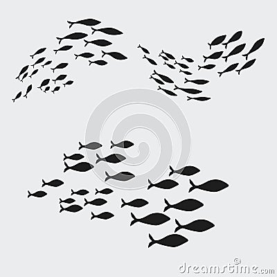 Set silhouettes of groups of sea fishes. Colony of small fish. Icon with river taxers. Vector Illustration