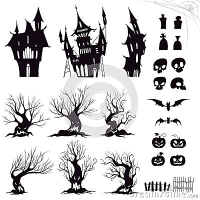 Set of silhouettes for halloween gloomy house, sinister trees, fences, graves, skulls, pumpkins and bats Vector Illustration