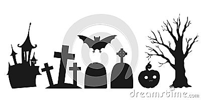Set of silhouettes of Halloween landscapes elements. Isolated on a white background. Vector illustration. Collection of halloween Cartoon Illustration
