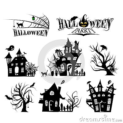 Set of silhouettes of Halloween on a white background. Vector Illustration