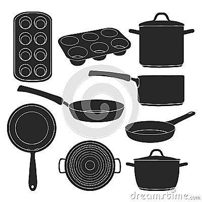 A set of silhouettes of kitchen utensils. Black silhouettes of pots, pans, baking molds. Utensils for cooking. Baking Vector Illustration