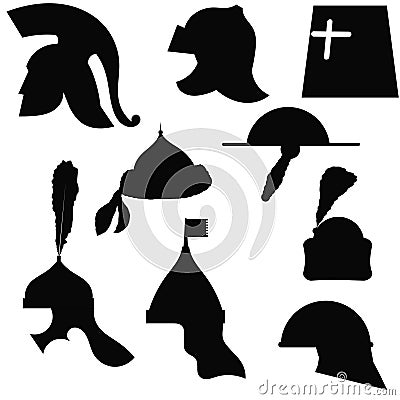 A set of silhouettes of medieval military helmets Vector Illustration