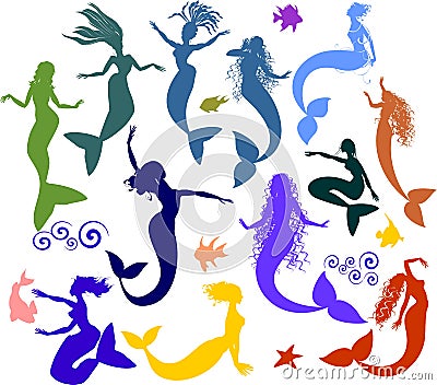 Set of silhouettes of mermaids Stock Photo