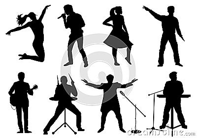 Set of silhouettes of musicians, singers and dancers isolated on white Vector Illustration