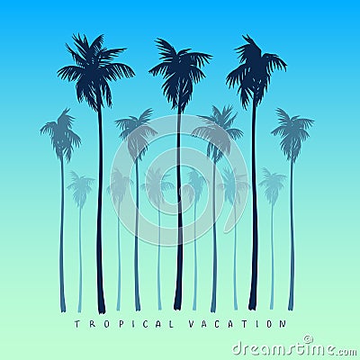 A set of silhouettes of palm trees in a realistic style on a yellow bright blue background. Vector Illustration