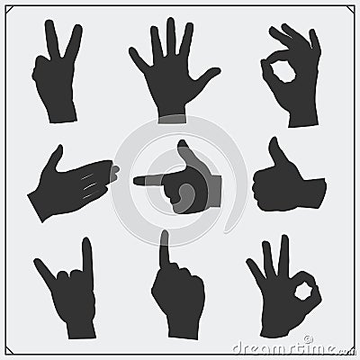 Set of silhouettes of people hands. Different gestures. Vector Illustration