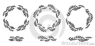 Set of silhouettes of round laurel frames and brushes from branches and leaves. The object is separate from the background. Vector Illustration