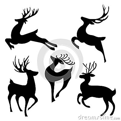 Set of silhouettes of running deer. Collection of Christmas deer. Leaping deer Santa. Vector illustration of forest Vector Illustration